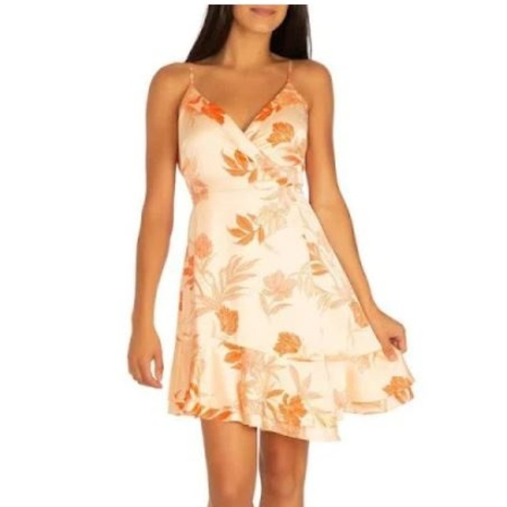 GUESS Floral Peach Wrap Dress with Tie Front Detail